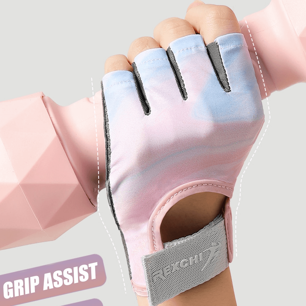 Stylish elastic women's fingerless gloves for training, shown gripping a pink dumbbell. Ideal for cycling and workouts. Model SF0834.